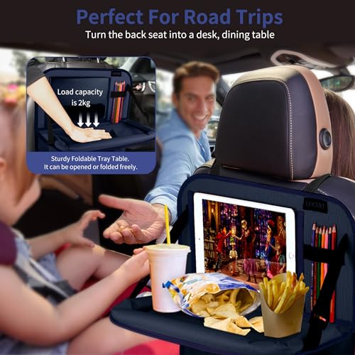 Image of LUCMO Car Backseat Organizer with Foldable Tablet Holder, Dark Blue | 2 Pcs,6 Storage Pockets,Foldable Food Tray,Protectors Kick Mats,Travel Accessories,Seat Cover,Road Trip Essentials