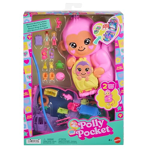 Polly Pocket Puppen & Spielset mit Tieren und 13 Accessoires, 2-in-1 Affenmama und Baby, tragbare Tasche und Tierspielzeug, HWP04