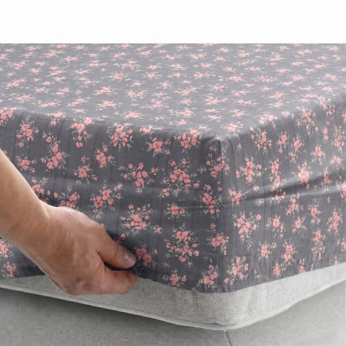 Image of Story@Home King Size Air Cotton Fitted Bedsheet 240 TC Fitted Sheet with 2 Pillow Covers, Soft & Durable Bed Sheet for King Bed (182 x 198 cm, Floral Print, Dark Grey)