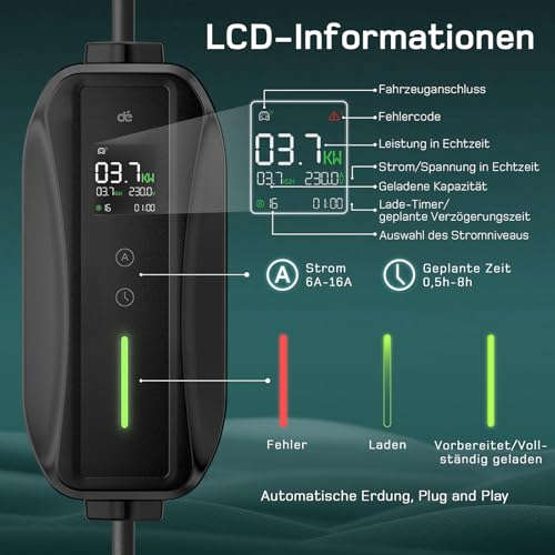 dé Typ 2 Ladekabel Schuko 3,68kW[1-phasig, 6m, 6-16A], EV Chargers mit Steuerbarer Digitalanzeige für Elektroauto, EV Ladegerät für 3008/508, C5X, DS7, GLA, Q3, X3, ZOE, ID.3, ID.4 und Anderen PHEV/EV