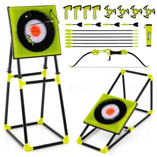 HONEY JOY Axe Throwing Bristle Target 4-in-1 Plastic Throwing Axes Game Set w/ 12 Darts 6 Arrows Box & Bow for Adults Kids Family Carnival Backyard Toy for Indoor Outdoor