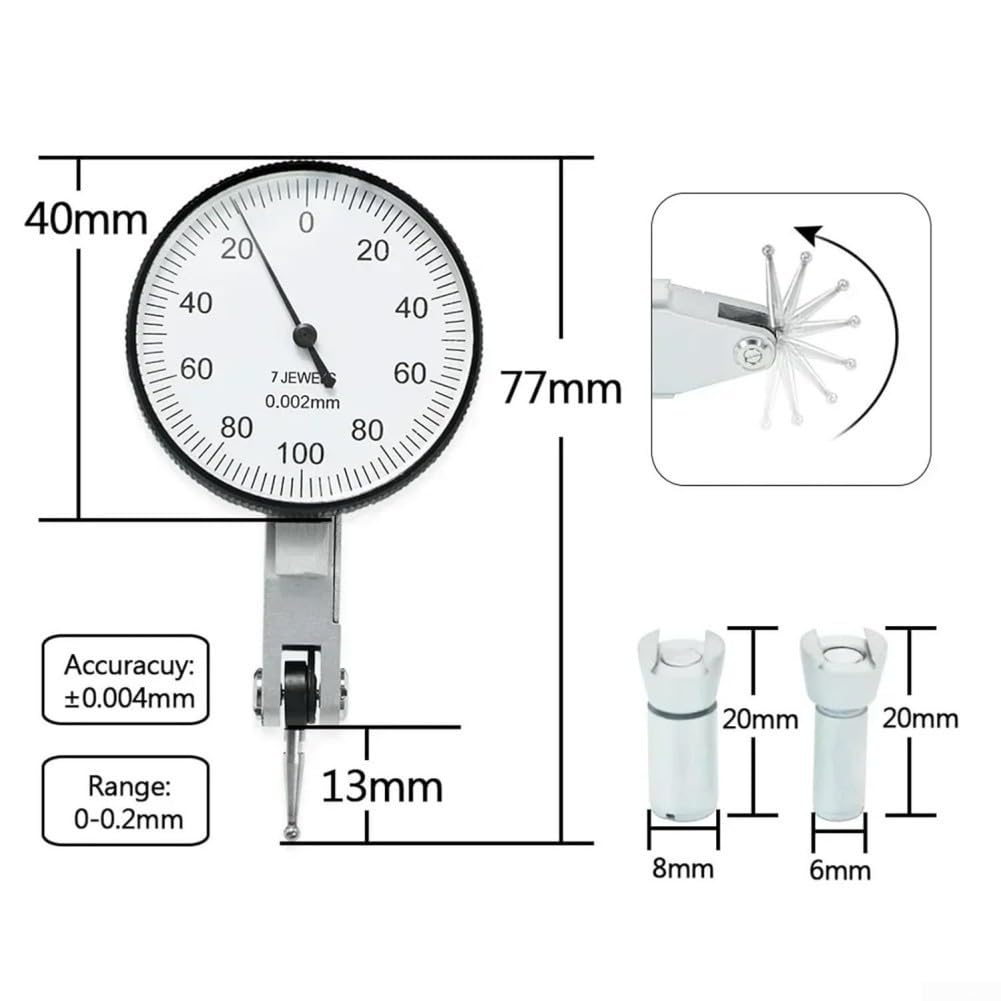 Palanca para calibre que proporciona un rango de 0 a 0,2 mm y precisión de 0,002 mm con 40 mm de diámetro, adecuada para uso mecánico