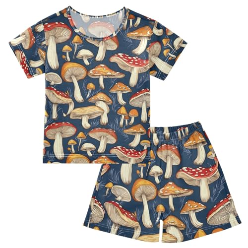 ALAZA Red Mushroom Navy Blue Pajamas Set Short Sleeve Cotton Sleepwear Summer Pjs 2 Piece 5-14Y