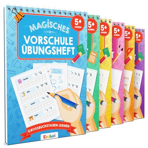Edubini Magische Vorschule Übungshefte ab 5 Jahren für Junge & Mädchen - [6 Hefte + Stift] - Wiederverwendbare Schreiblernhefte für Vorschule - Buchstaben lernen, Schreiben lernen (6er Set)
