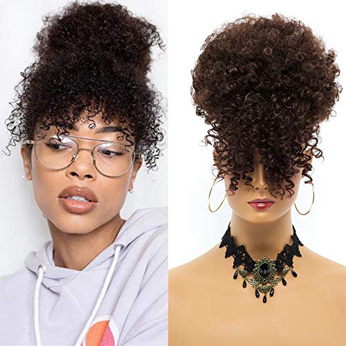Afro High Puff Hair Bun Ponytail Drawstring With Bangs Synthetic Short Kinkys Curly pineapple Pony Tail With Bang Clip in on Wrap Updo Hair Extensions for African American Women (Dark Brown-4#)