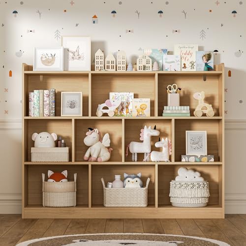 DIYART Oak Bookshelf, Wood Bookcase with 3 Tier Open Shelves,