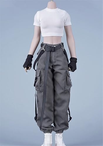 Miniatura 10 de Ropa femenina a escala 16, camiseta y pantalones, guante, cinturón, traje de disfraz para soldado de 12 pulgadas, figura de acción (camisa negra +