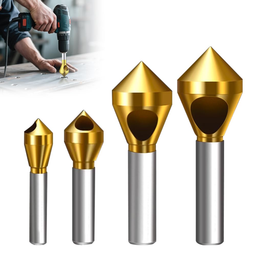 Titanium Coated Countersink Chamfer Tool, 4 Pcs Multi-Function Countersink Drill Bit Set, 90 Degree High Speed Counter Sink Drill Bit for Wood, Metal,
