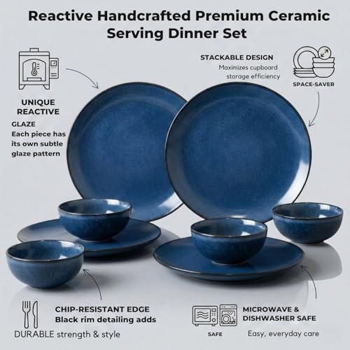 Image of Freakway Premium Reactive Glaze Dinner Set, Midnight Blue, Stoneware, 12 Piece, 6 Dinner Plates and 6 Serving Bowls, Round, Speckled Finish