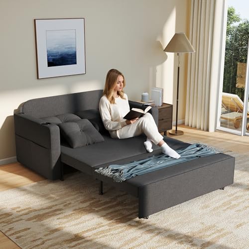 3 in 1 Sofa Bed, 56 Inch Convertible Pull Out Couch, Loveseat Sleeper Sofa with Cup Holders, USB, Sofa Couches for Living Room, Bedroom, Apartment, Dark Grey