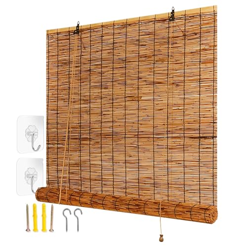 Gzaebji Cortinas Bambu Exterior Persianas De Caña Enrollables Natural 50 65 80 90 100 115 130 145 160 180cm Fácil De Instalar Persianas Romanas Blackout Estor Bambu para Terraza Cocina Jardín Porche