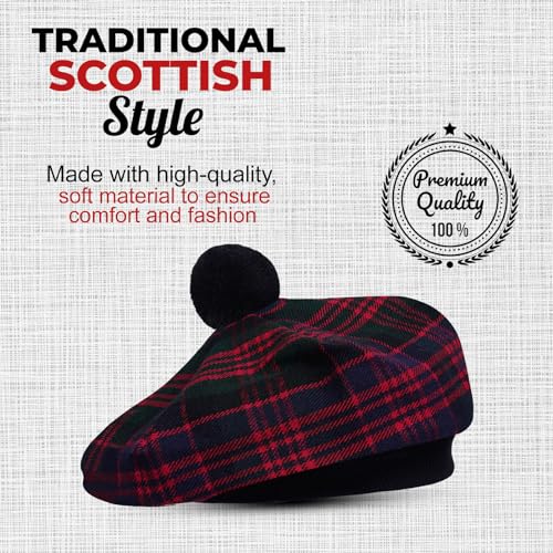 Image of Scottish Tam O' Shanter Hat Tartan Bonnet Pom Pom Wool Flat Cap One Size