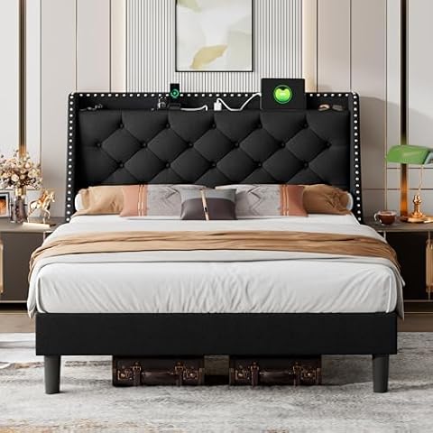 iPormis Queen Bed Frame with 16" Comfort Wingback & Charging Station,Upholstered Platform Bed with Button Tufted Storage Headboard, Solid Wood Slats Support, No Box Spring Needed, Black Cover