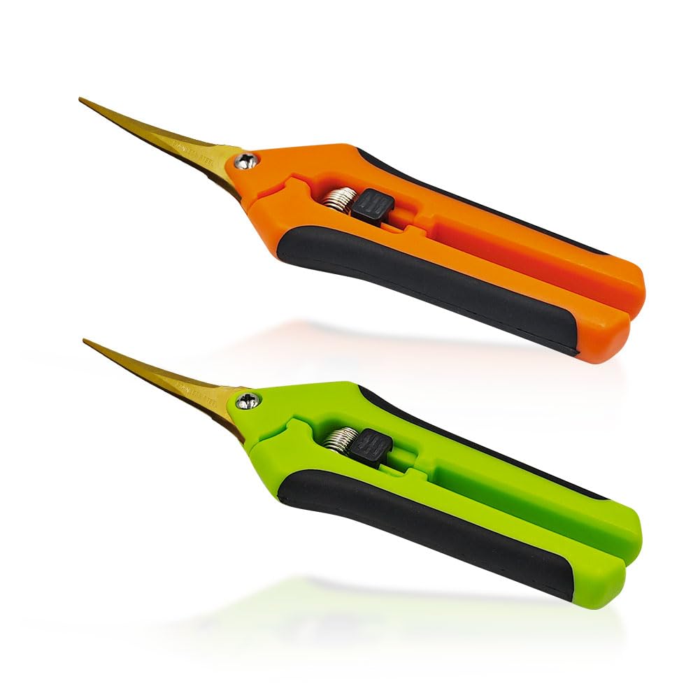 2 Piezas Tijeras para Plantas,Tijeras de Poda con Hojas Curvas Recubiertas de Titanio con Mango de Seguridad para Jardín, Bonsai, Flor,Recogida, Tijeras de Rosas | Tijeras de podar para una poda precisa de flores, bonsáis, frutas, hierbas y plantas de interior, mantenimiento del jardín y