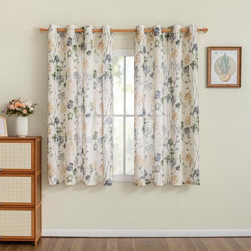 Image of MYSKY HOME Sage Green Floral Linen Spring Curtains 63 inch Long 2 Panels Set Semi Sheer Light Filtering Farmhouse Flower Pattern Grommet Top for Living Room Bedroom, 52 inch W Each Panel