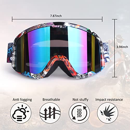 Image of Dirt Bike ATV Goggles Motorcycle Motocorss Riding Racing Glasses | Offroad Bike Goggles, UV400, Anti-Fog Scratch Lens, Dustproof Windproof, for Men Women Youth, Graffiti Frame + Colorful Lens