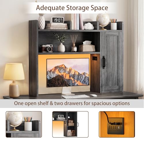 Image of Dorm Desk Hutch, Desktop Shelf with 6 Shelves and Power Outlets 37.4 inch Desk Hutch with Drawers & RGB LED Light Over Desk Organizer Desktop Storage Shelf for Dorm Office Home Computer Desk-Grey