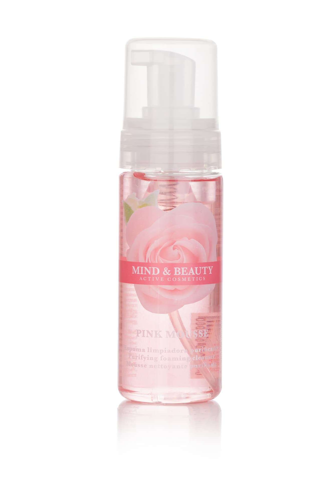 Mind & Beauty Pink Mousse, limpiador facial espuma, purificante, uso diario. Extra suave y con agradable olor a rosas. Elimina maquillaje, grasa e impurezas de la piel (150ml)