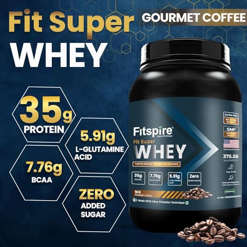 Image of Fitspire Fit Super Whey Protein Powder- Gourmet Coffee- 1kg- No Added Sugar- Muscle Support- High Protein Formula with Digestive Enzymes for Better Absorption- Lean Muscle Growth- Daily Nutrition