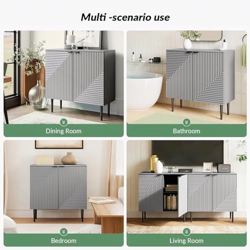 Image of Prism Pattern Wooden Sideboard Cabinet | 2 Door Storage Unit with Metal Legs | Premium HDMR Wood Console Cabinet for Living Room, Kitchen & Dining | DIY Leg Assembly | Grey