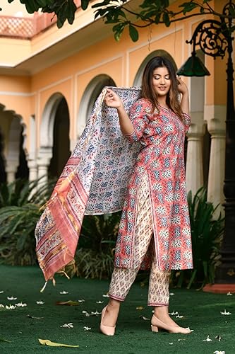 Image of Leriya Fashion Cotton Printed Kurta Sets for Woman | V Neck Festive Anarkali Suit for Women | Ethnic Kurta Set with Dupatta for Women | Wedding Kurti Set for Woman