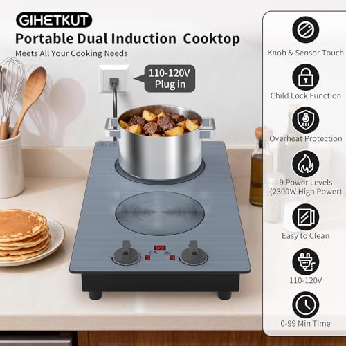 Image of GlHETKUT Induction Cooktop,110V 2300W double burner hot plate with LED Touch Screen,9 Power Levels,Kids Lock & Timer,knob and touch control 2 burner induction cooktop