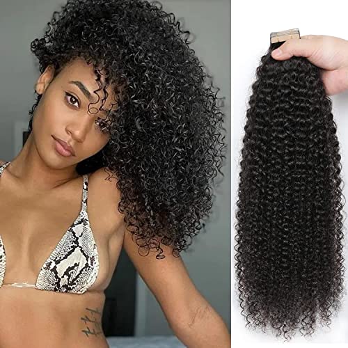 Extensiones adhesivas negro kinky curly de pelo natural humano de 20 pulgadas y 100g