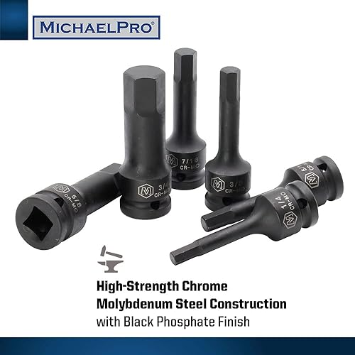 Miniatura 3 de MichaelPro MP005028 Juego de 8 llaves hexagonales de 1/2 pulgada, 1/4 a 3/4 pulgadas, enchufe SAE de impacto, CR-Mo | Estuche de almacenamiento