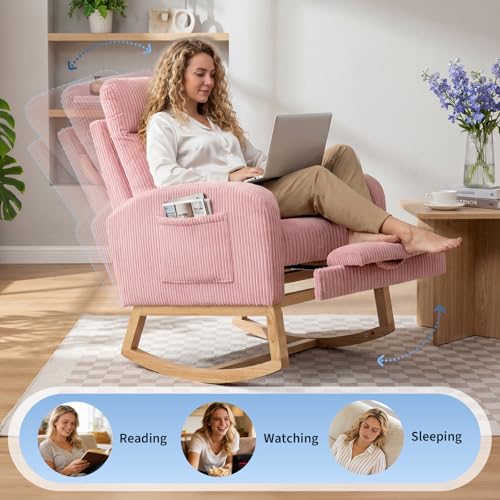 Image of Garvee Nursery Rocking Chair with Foot Rest,Corduroy Upholstered Reading Glider Chair,High Backrest & Side Pocket for Living Room, Bedroom, Baby Room