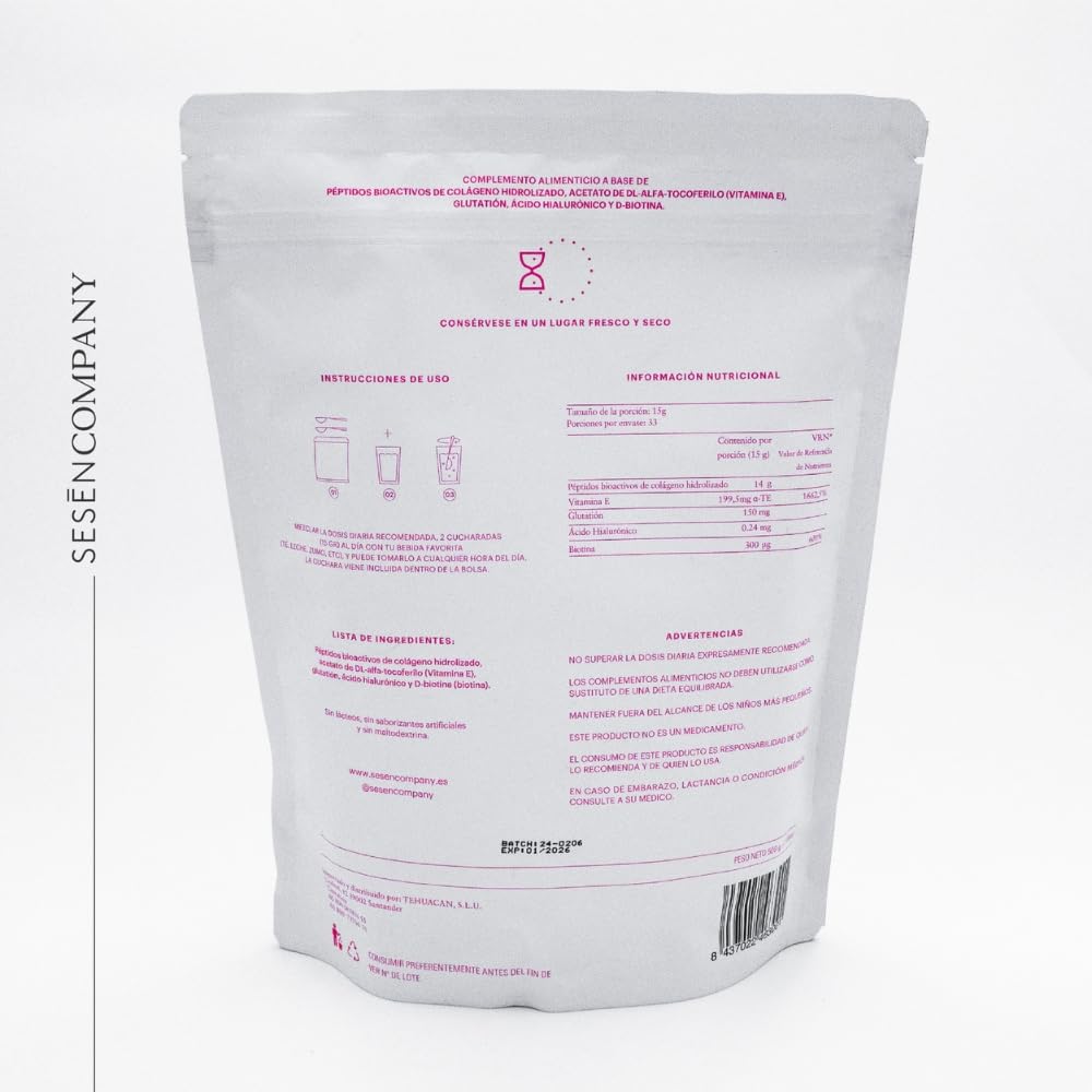 Sesen Peptidi di collagene idrolizzato in polvere, 500 g, collagene tipo 1, 2 e 3 con acido ialuronico e biotina per articolazioni, capelli e pelle, polvere di peptidi di collagene, bioattivo