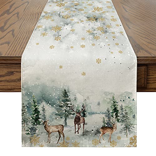 Artoid Mode Aquarell Rentier Baum Weihnachten Tischläufer, Waschbar Modern Winter Küche Esstisch Dekoration für drinnen und draußen Urlaub Party Wohnzimmer Dekor 40 x 140 cm Cover