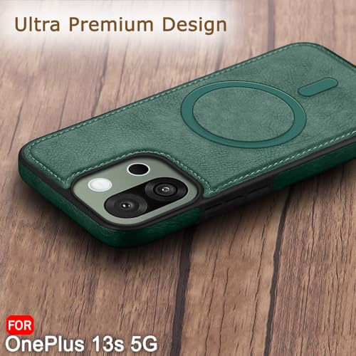 Image of TheGiftKart Genuine Leather Finish Back Cover Case for OnePlus 13s 5G | Shockproof Design | Raised Edges for Camera & Screen Protection | Stunning Minimalist Design Cover (MagSafe Compatible, Green)
