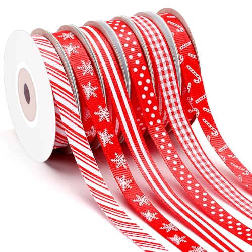 DECYOOL Christmas Ribbon 6 Rolls 60 Yards Red Pink Xmas Grosgrain Ribbons