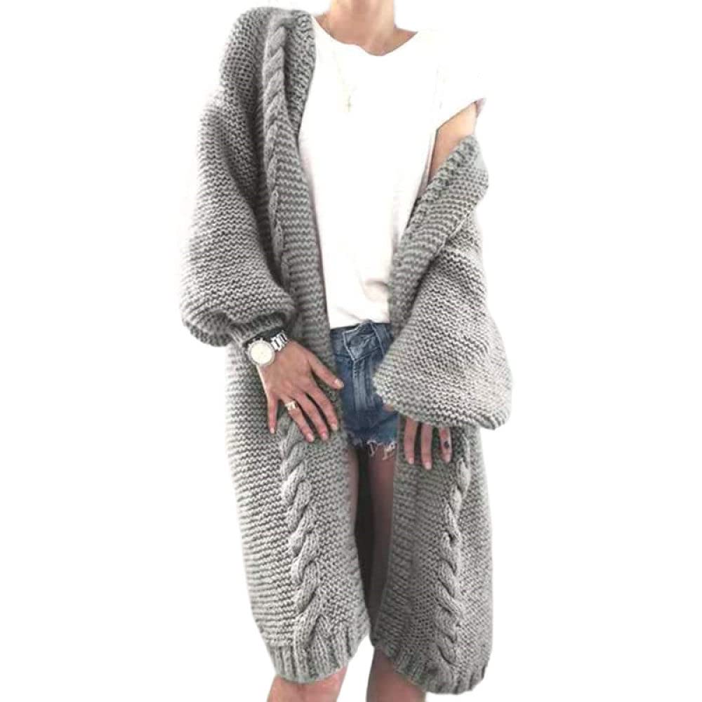 HGJH Damen Strickjacke Langarm,Damen Strickpullover Offen Lang Cardigan Grobstrick Kimono Einfarbig Grau Mode Langarm Cardigan Weich Elegant Herbst Leichte Jacke Für Casual Business