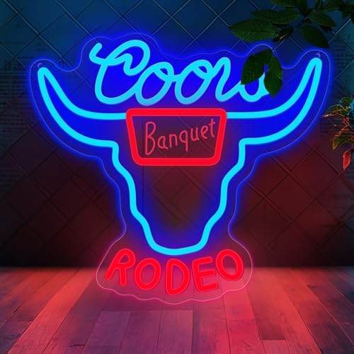 Western Decor Cowboy Neon Sign - 9 Brightness Adjustments Usb Powered, Cow Skull Light, Sign Beer, Bar Club Bull Led Wall Decor, Neon Beer Signs, Blue Red