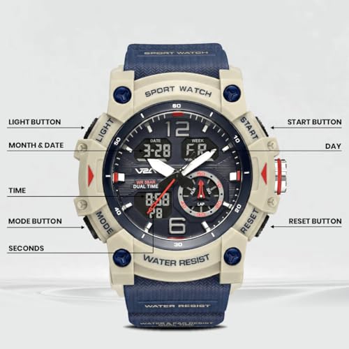 Image of V2A Stryke 50mm Analog Digital Watch for Men | Rugged Guard Bezel Design | Alarm Stopwatch Backlight | TPU Sport Strap | 50M Water Resistant Outdoor Watch | Gift for Mens