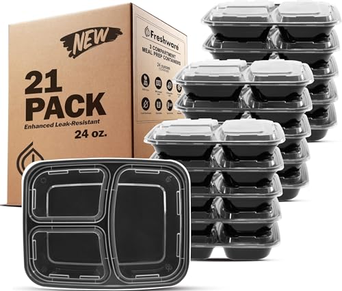 Image of Freshware Meal Prep Containers [21 Pack] 3 Compartment with Lids, Food Storage Containers, Bento Box, Stackable, Microwave /Dishwasher /Freezer Safe (24 oz)
