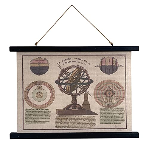 Carte murale en rouleaux style rétro et sphère armillaire aux détails gravés L 60 cm