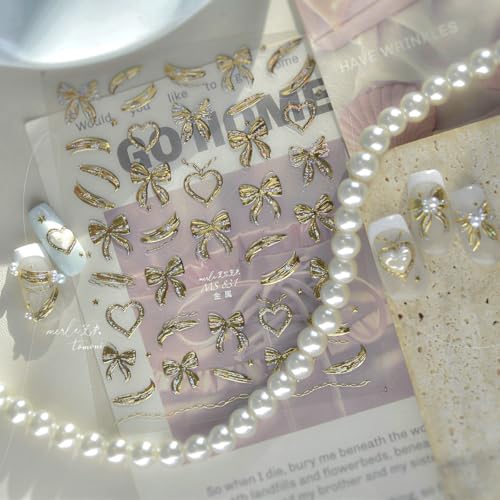 Image of Bow Nail Art Stickers Gold Nail Decals Shiny with Design Silk Bow Nails Stickers 5D Embossed Self Adhesive Nails Charms Supply for Women Girls Manicure DIY Decoration