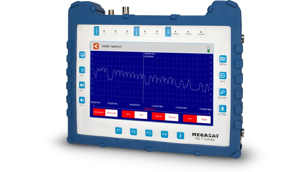 Megasat HD 7 Combo – Misuratore (per DVB-S, DVB-S2, DVB-T, DVB-T2, DVB-C, DAB+, Live-TV Bild, Unicable, display a colori da 8,9", batteria, lampada)