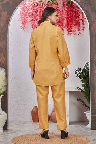Image of Women's Yellow Rayon Co-Ord Set | Unique Style Collar Neck Full Sleeve Shirt & Matching Pants | Thread Work Ethnic Wear Kurta Set