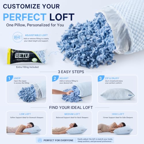 Image of BETU Cooling Pillow Queen Size Set of 2, Breathable Shredded Memory Foam Cool Pillow for Hot Sleepers, Adjustable Soft Support Pillows for Side, Back, Stomach Sleepers, 3D Honeycomb Breathable Cover