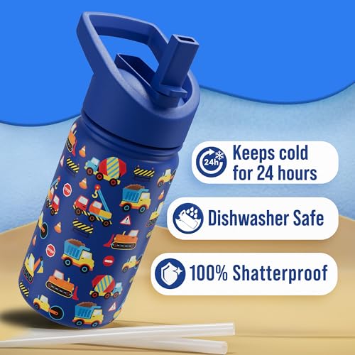 Klevly Stainless Steel 14 OZ Kids Water Bottle with Straw | BPA-Free Insulated Water Bottle with Leak-Proof Lid | Construction Design Bottle for School