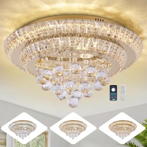 Miuyhji Large LED Crystal Raindrop Ceiling Light,Rose Gold, 20" Elegant