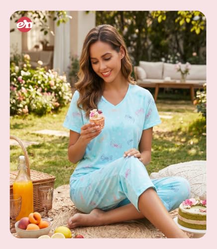 Image of ENJOYNIGHT Womens Pajama Sets Cotton Pj Set Short Sleeve Top With Capri Pants Sleepwear 2 Piece Lounge Set