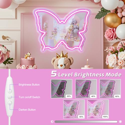Image of Butterfly Neon Sign Mirror, LED Neon Sign for Wall Decor, 15.7'' x 12'' Dimmable Neon Light for Teen Girls & Kids Birthday Party Gift, Neon Signs for Girl Room Decor, Wall Mirror, USB Powered (Pink)