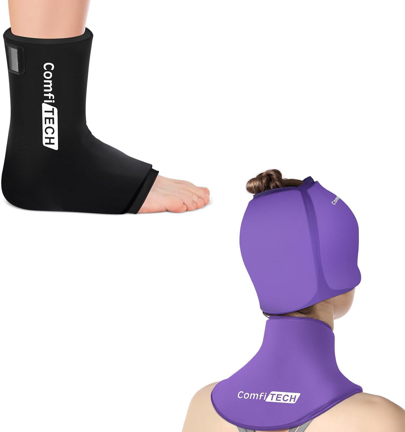 ComfiTECH Migraine Relief Cap & Neck Ice Pack Wrap Gel, Headache Relief Cap Combo & Ankle Ice Pack Wrap for Swelling, Injuries Reusable Gel Heel Ice Pack for Foot Ankle Sprain Relief