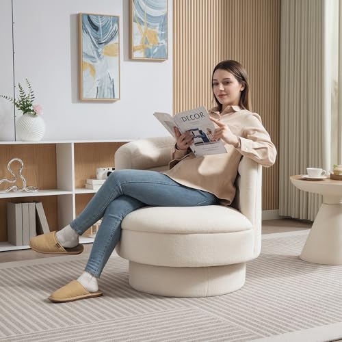 HOMCOM Sessel Wohnzimmer Drehbarer Relaxsessel mit Armlehnen, Loungesessel Lesesessel mit Sherpa-Optik, Polstersessel für Schlafzimmer Cremeweiß