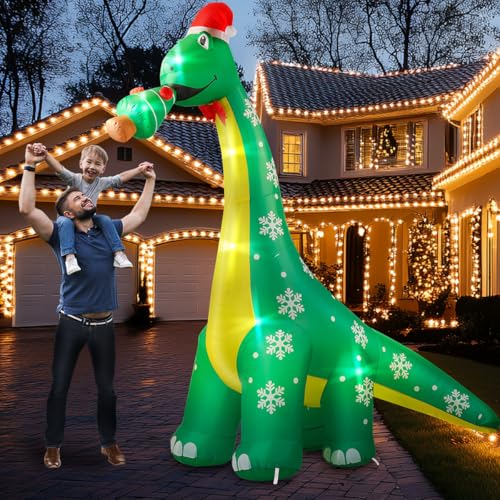 BESUGEOUS 10Ft Christmas Inflatable Outdoor Decoration, Dinosaur Blow Up Inflatable Christmas Decorations Outside with Build-in LEDs, Light up Snowflake Holiday Decor for Yard, Garden, Lawn