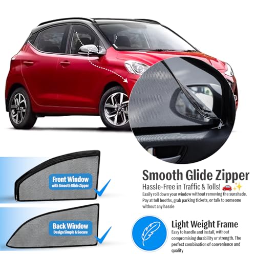 Image of Autofact Magnetic Car Sunshades Compatible with Hyundai Grand I10 Nios (2019 to 2024) (Set of 4) - Easy Installation, UV Protection, Keeps Car Cool (Front 2 with Zippers, Rear 2 Without Zippers)